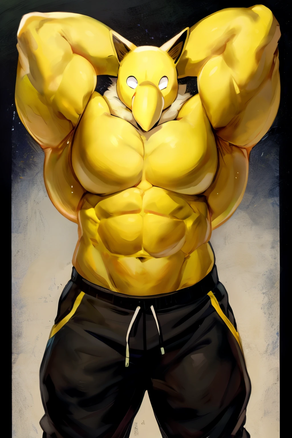 Furry, Anthro, solo, Hypno, Male, (((muscular body, massive thighs, massive male pectorals, fluffy neck, yellow skin, wearing black tanktop, wearing black sweatpants, hands behind head))), ((((massive biceps)))), ((((((massive bulky torso, wide-eyed, head tilted, facing viewer)))))), , black/yellow spraypainted background, by buta99, by zackary911, by bebebebebe, (((digital painting)))