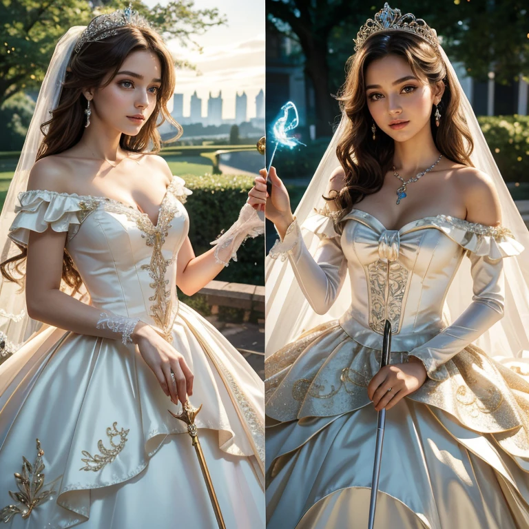 (​masterpiece, best quality:1.5), highest quality, High resolution, super detailed, Realists, Upper body photo of a brunette young magical girl, detailed and beautiful eyes, beautiful detailed lips, very detailed eyes and face, longeyelashes, white satin wedding dress, Holding a magic wand in your hand, Cast a transformation spell, With her magic wand she turns a dog into a princess, Glowing wands available,Beautiful and colorful makeup, elegant and noble々The jewelry bag, Gardens as background, soft daylight, bright colors, fine brushstrokes, Portrait style, Silk dress fabric, beautiful color palette, glowing skin, First-class rendering, that captures every detail, enchanting atmosphere, subtle shadows and lights, (perfect anatomy:1.2), (The stunning magical girl in a wedding dress turns a dog into a princess, (a transformation with the magic wand:1.4), (magnificent panorama view:1.2)