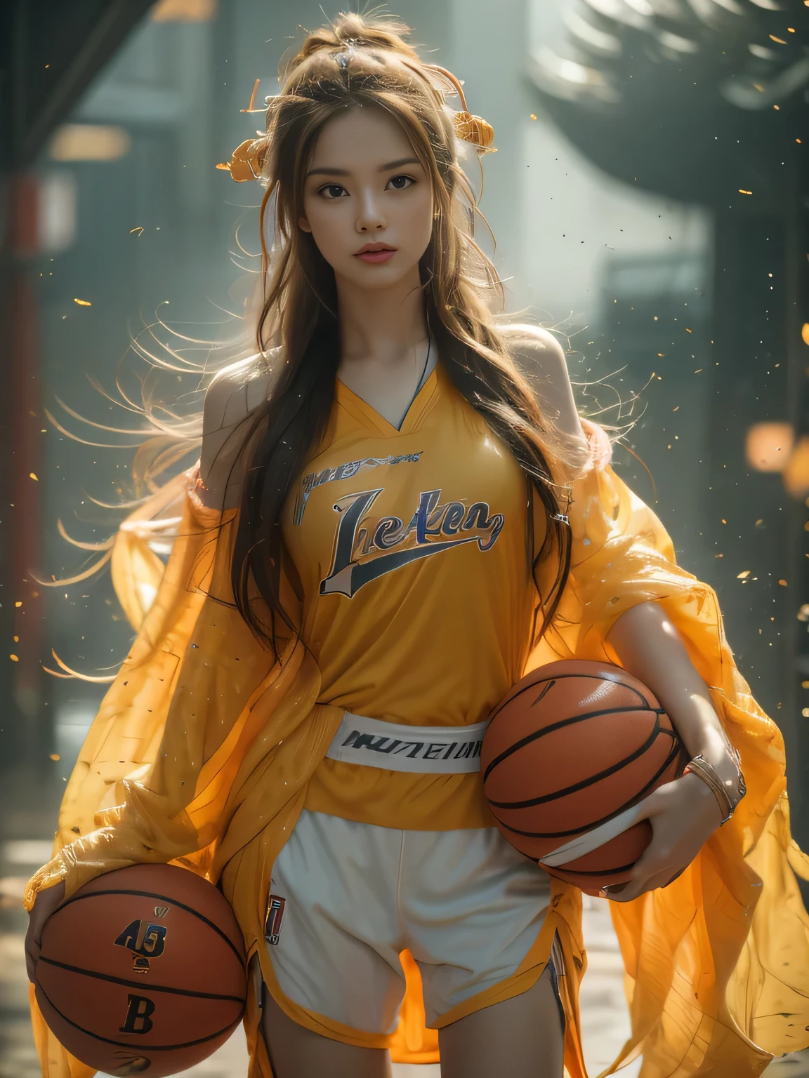 1 girl standing, Wearing a basketball jersey, Very detailed, Practical, Ball, 27 years old, Long hair