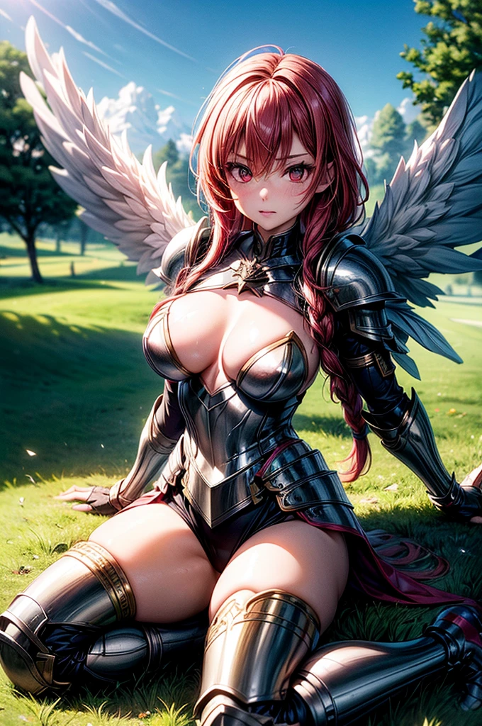 female valkyre prepared for battle, nordic look, an extremally beautiful warrior valkyre, ultra feminine, long hair, red hair, braided hair, shiny golden knight armor, bright full plate armor, long boots, cleavage, medium breasts, (angel wings: 1.2) spread, kneeling (one leg on grass) (superhero landing pose), brave and bold facial expression, zoom out, 16k, RAW, ultra wide shot, photorealism, depth of field, hyper realistic. ray tracing