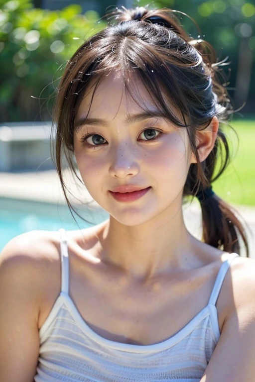 photo realistic, masterpiece, best quality, soaking wet, water dripping from hair and face, wet T-shirt, smiling, large , ponytail hairstyle, park background,
BREAK
1girl, (((big round eyes:1.3))), (((childlice:1.4))), (((round face:1.4))), (((tareme:1.3))), ((bangs:1.2))