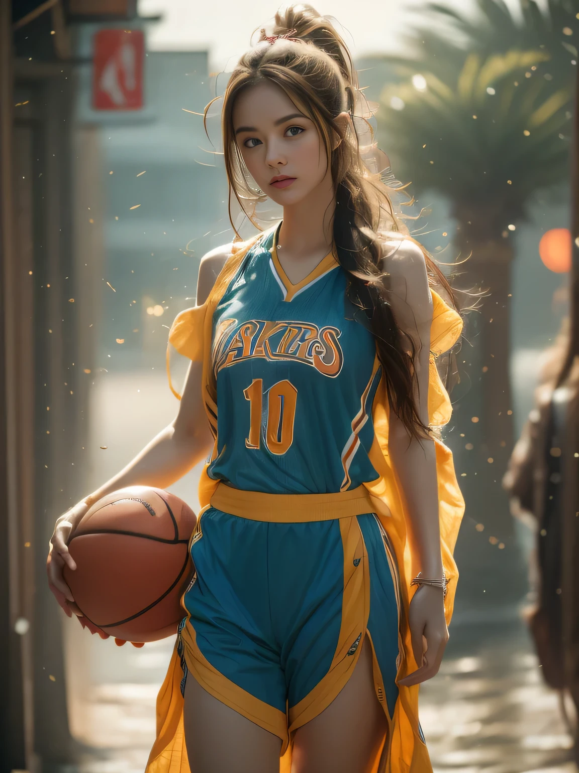 1 girl standing, Wearing a basketball jersey, Very detailed, Practical, Ball, 27 years old, Long hair