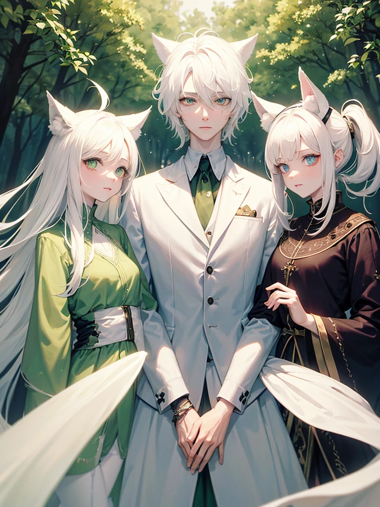 A psychologist with a white coat and wolf ears, beautiful, albino, tall, 28 years old, with his two twin sisters with emerald green eyes.