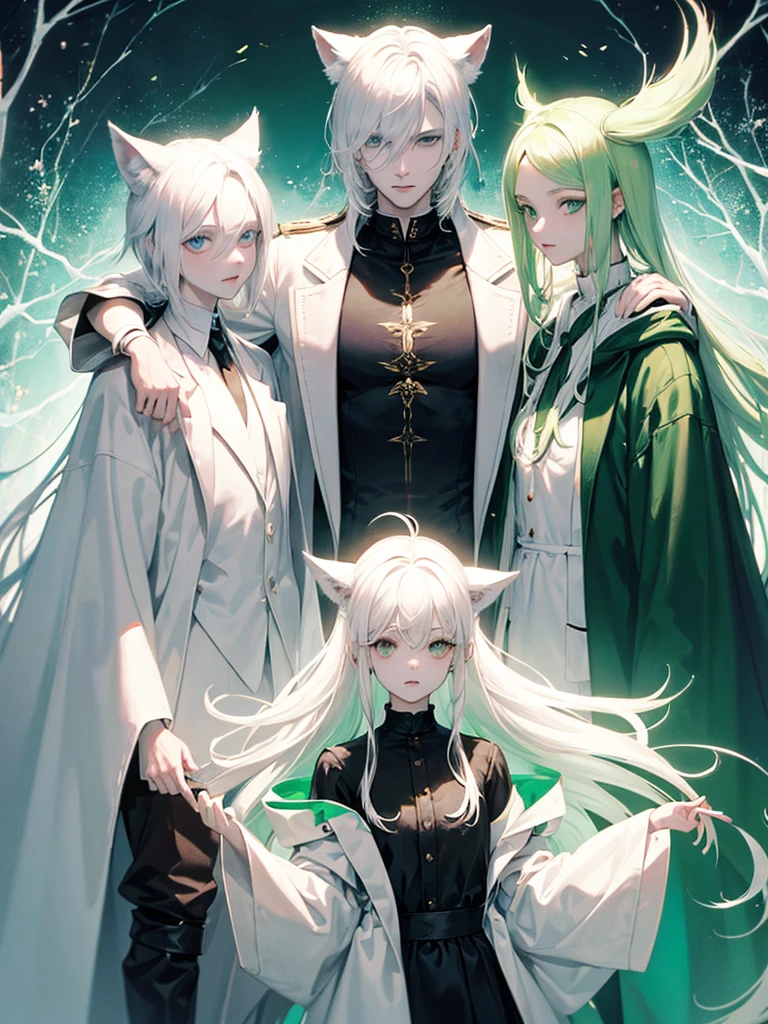 A psychologist with a white coat and wolf ears, beautiful, albino, tall, 28 years old, with his two twin sisters with emerald green eyes.