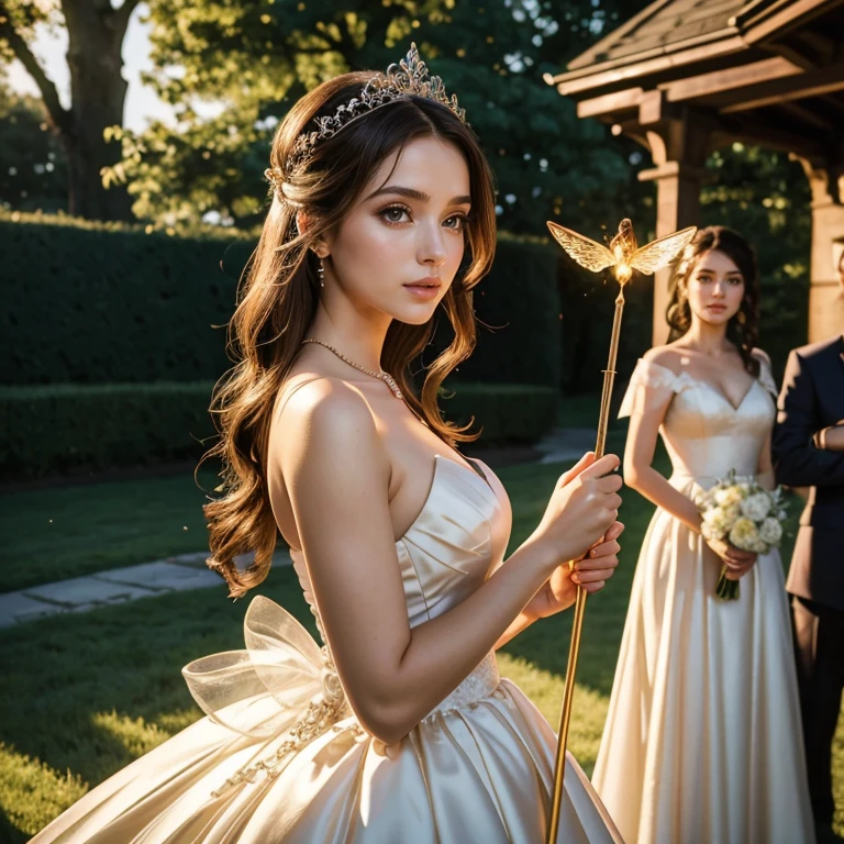 (​masterpiece, best quality:1.5), highest quality, High resolution, super detailed, Realists, Upper body photo of a brunette young magical girl, detailed and beautiful eyes, beautiful detailed lips, very detailed eyes and face, longeyelashes, white satin wedding dress, Holding a magic wand in your hand, Cast a transformation spell, With her magic wand she turns wasps into wedding guests, Glowing wands available,Beautiful and colorful makeup, elegant and noble々The jewelry bag, Gardens as background, soft daylight, bright colors, fine brushstrokes, Portrait style, Silk dress fabric, beautiful color palette, glowing skin, First-class rendering, that captures every detail, enchanting atmosphere, subtle shadows and lights, (perfect anatomy:1.2), (The stunning magical girl in a wedding dress turns wasps into wedding guests, Wedding guests standing around (a transformation with the magic wand:1.4), (magnificent panorama view:1.2)