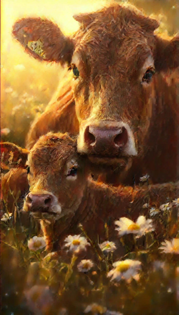 A cute cow and her calf, the baby laying in the grass with daisies, big eyes, warm sunlight, close-up portrait, detailed fur texture, digital painting, in the style of Artgerm, ultra realistic, cinematic lighting, intricate details, golden hour