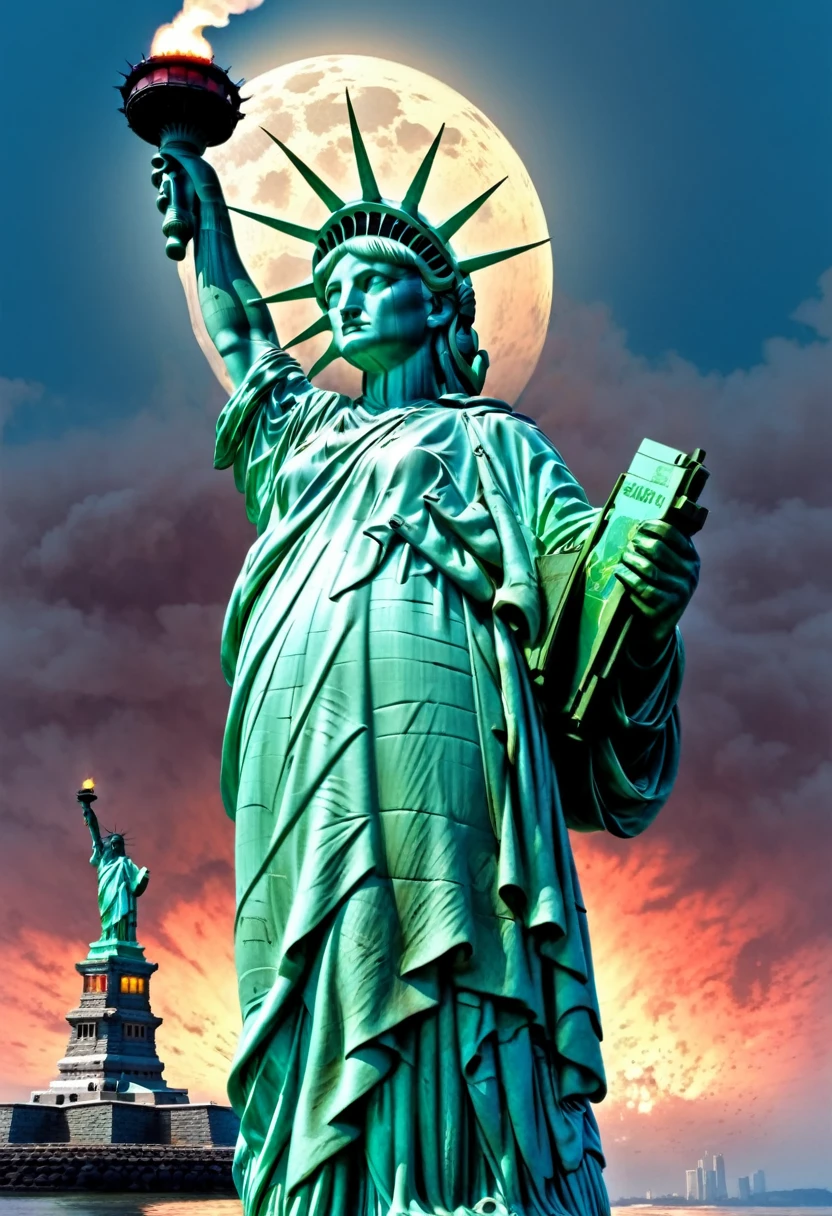 Japanese Postage, Lady Liberty, Soldier For The Lonely, The Taker, ectoplasm,  hyper realism, octane render, in the style of Zdzisław Beksiński --ar 16:9