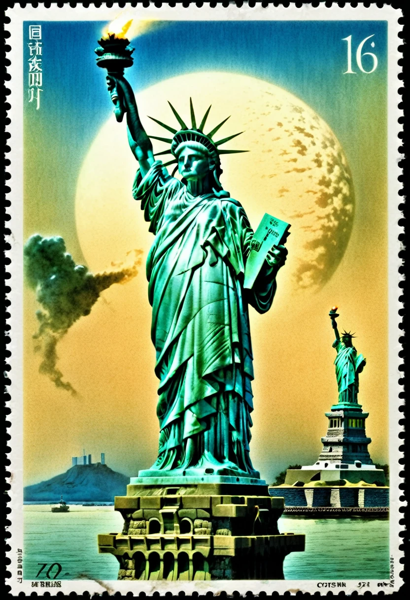 Japanese Postage, Lady Liberty, Soldier For The Lonely, The Taker, ectoplasm, hyper realism, octane render, in the style of Zdzisław Beksiński --ar 16:9
