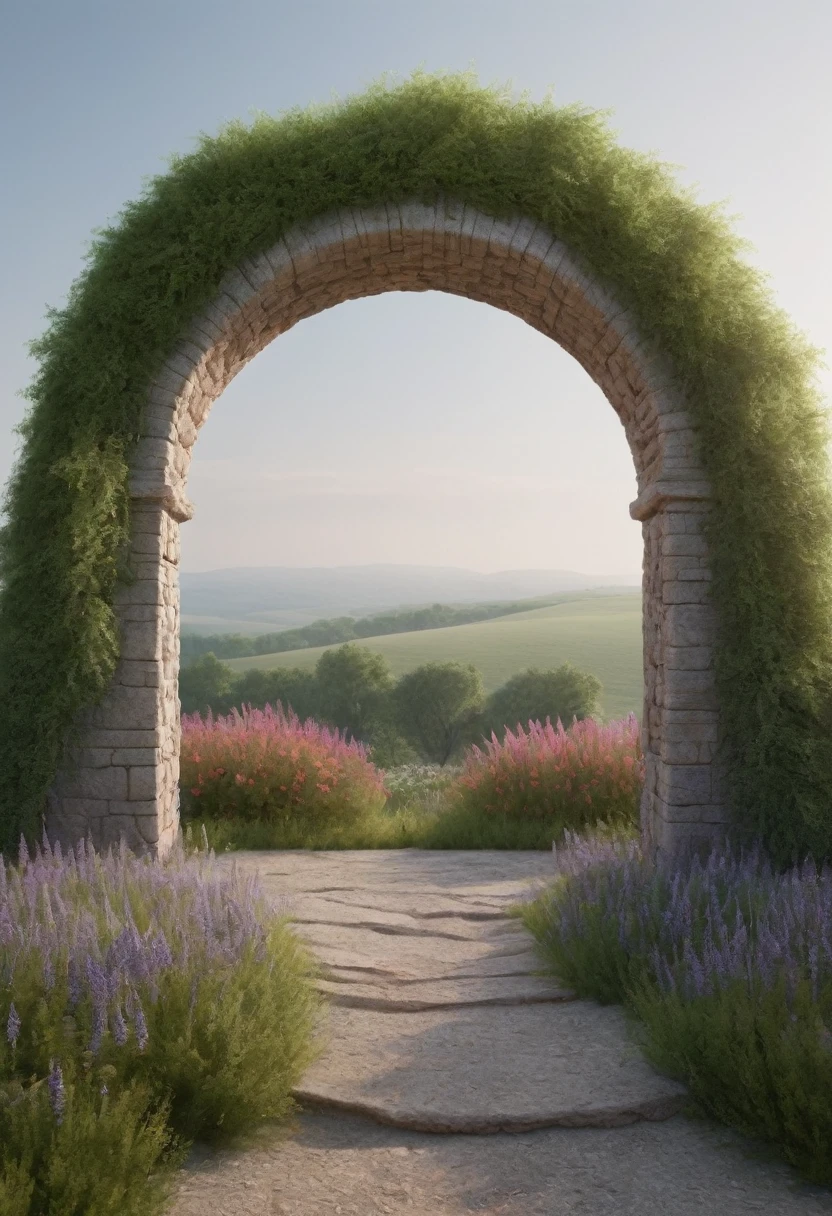 "subject description {A very wide door arch made of stones , intertwined with plants, standing in a landscape of beautiful wildflowers, with a brilliant white background emanating from within the arch}, Image type {photorealistic image}, art styles {Surrealism}, camera {35mm}, shooting {medium shot}, Rendering related information {4k, hyper detailed, ambient light}"