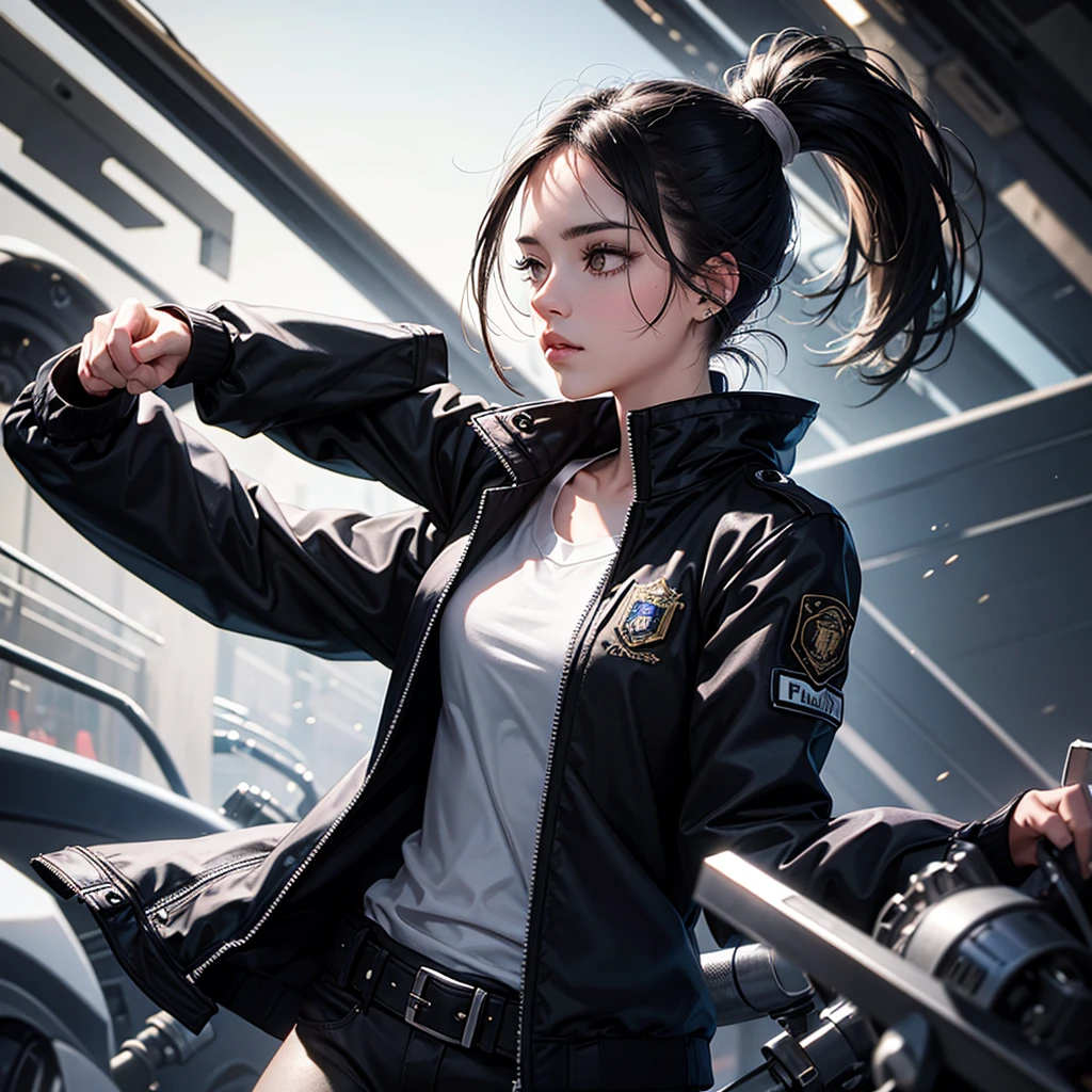 Girl, ponytail brow hair. Silver eyes. Morning sunlight. Black jacket. Fbi vibes