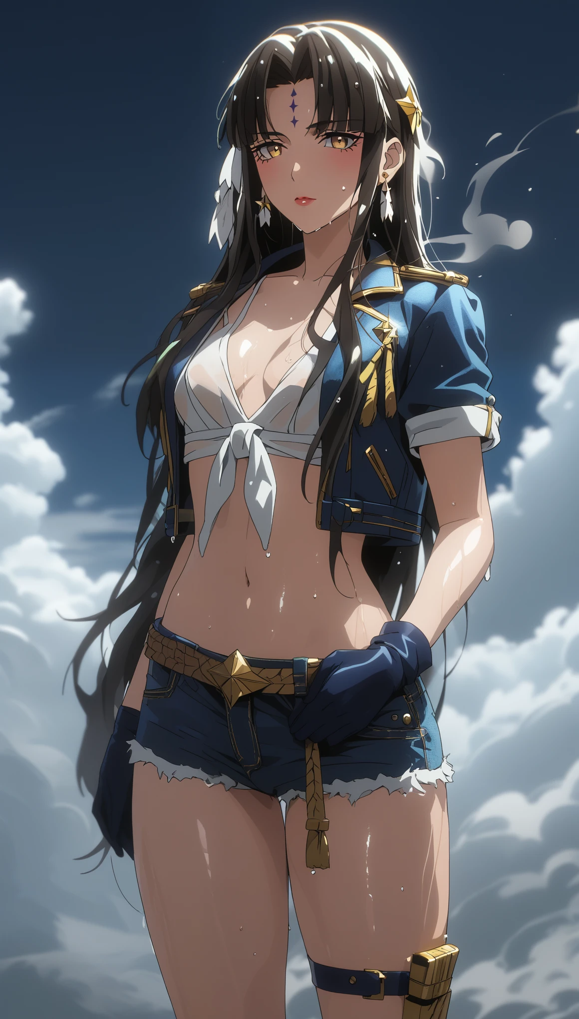 score_9, score_8_up, score_7_up, score_6_up, uncensored, Michiko_Tanaka, absurdly long hair, golden eyes, black hair, very long hair, parted bangs, forehead mark, lips, shiny skin, sweating, wet, wet hair, steaming body, heavy breathing, (small breasts:1.3), BREAK glow effects, godrays, Hand drawn, render, 8k, octane render, cinema 4d, blender, dark, atmospheric 4k ultra detailed, cinematic, Sharp focus, big depth of field, Masterpiece, colors, 4k, concept art, trending on artstation, Vivid colors, extremely detailed CG unity 8k wallpaper, trending on CGSociety, Intricate, High Detail, dramatic, BREAK 1girl, breasts, navel, solo, shorts, gloves, cloud, flower, belt, looking_at_viewer, cutoffs, earrings, jewelry, short_shorts, jacket, collarbone, smoke, black_gloves, cleavage, outdoors, stomach, standing, swimsuit, anime coloring, 