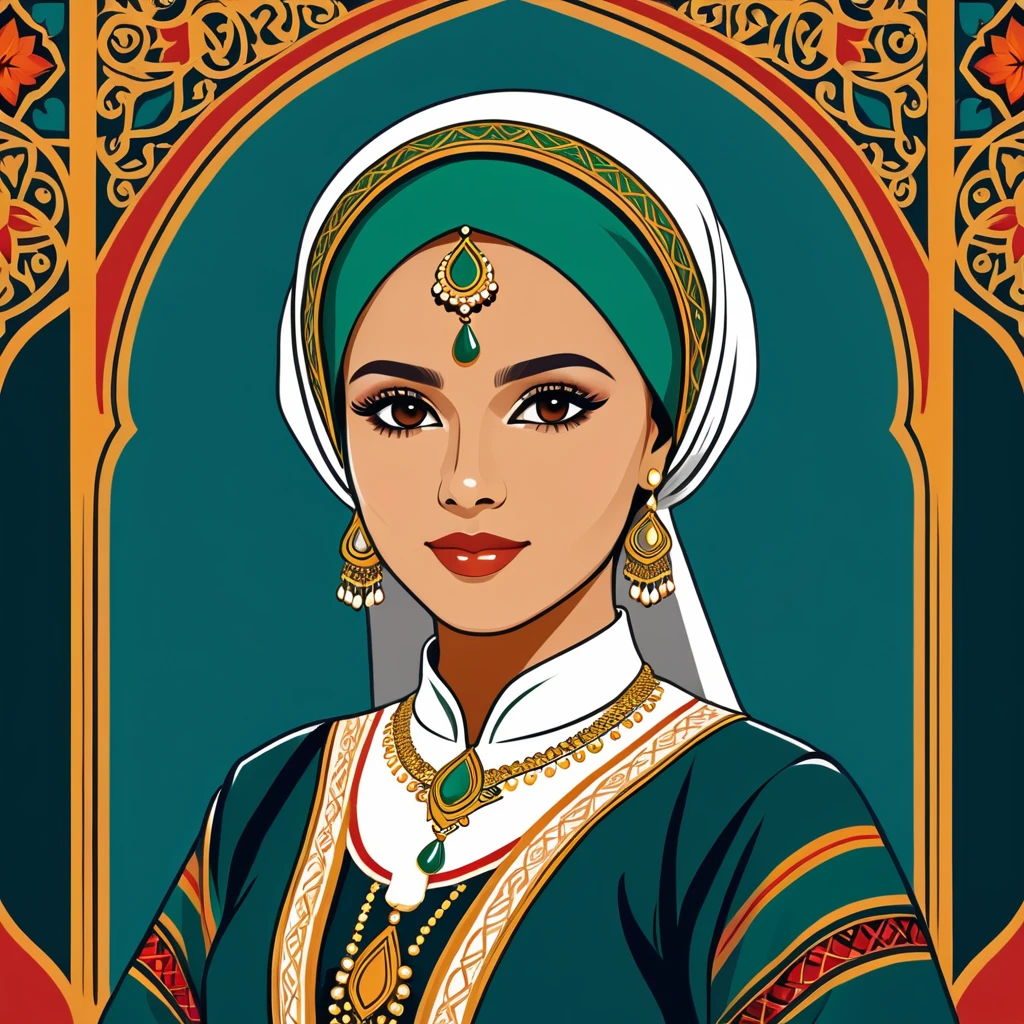 woman in oman folk outfit, vector graphics, strong contours, logo design