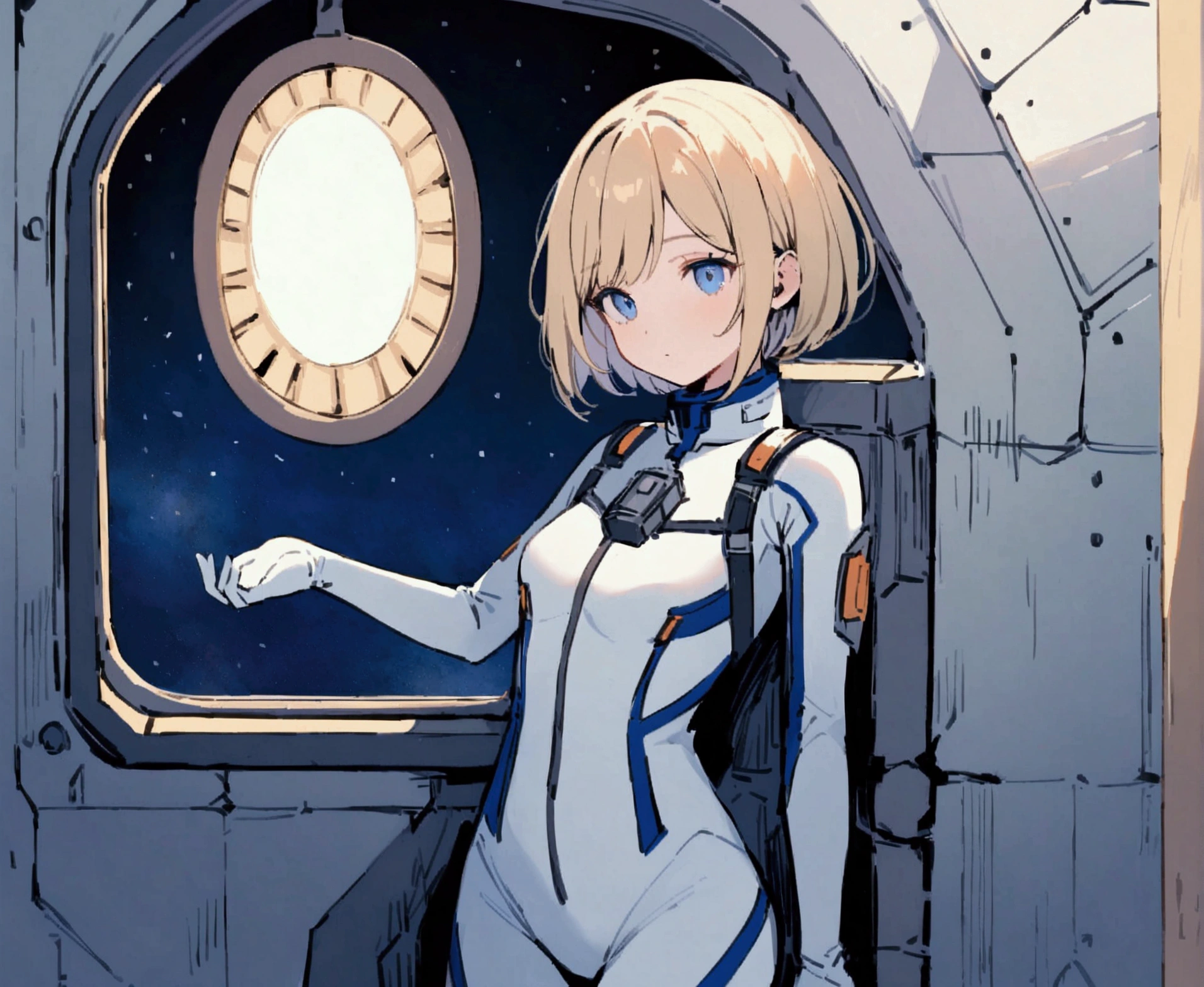 Tomboish girl, short blond hair, blue eyes, wearing a space military skinsuit, she leans on to a inner wall of a desolate spaceship a window showing empty space beyound