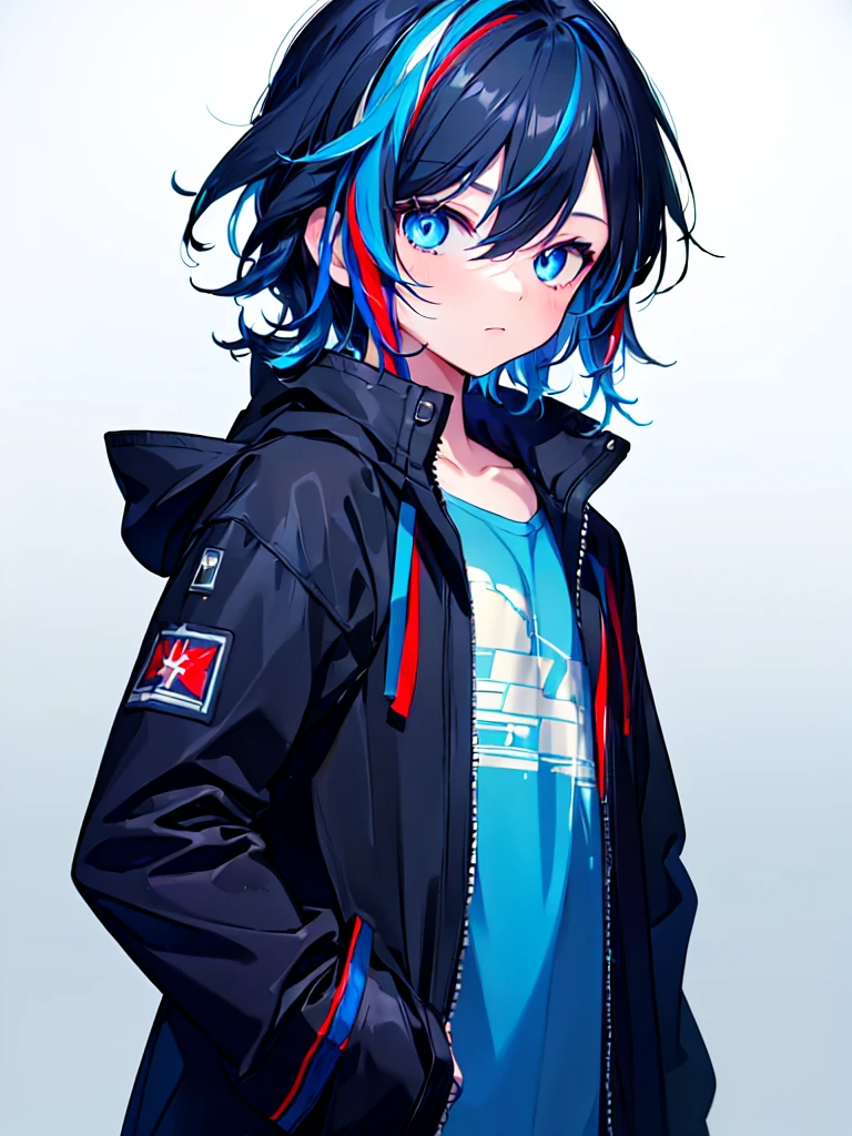 [(SKY BLUE BACKGROUND:1.5),::5], ((((masterpiece)))), high quality, ultra very high resolution, full color, (((solo))), (( boy)), BLACK hair, ((Blue streaked hair)), (oriental deepblue eyes), anime, ((upper body)), Summer clothes, black parka,