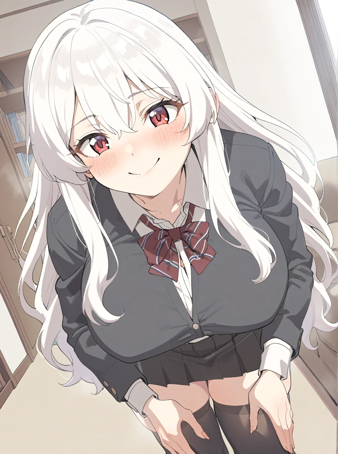 {{upper body, dutch angle}} {{Artist: sincos}} 1girl, teen female, white hair, long hair, red eyes, school uniform, black skirt, big breasts, thick thighs, black thigh highs, indoors, living room, standing, hands on waist, teasing smile, pov, modern day