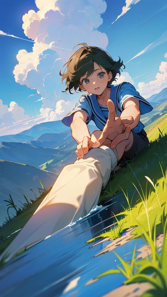 A young man is reaching out to a girl on top of a grassy hill. The sky is a clear blue, and cumulonimbus clouds are spreading out widely. an 80s anime. The sky is reflected in a puddle,(bestquality 1.4),(detail1.4),(Masterpiece1.4)