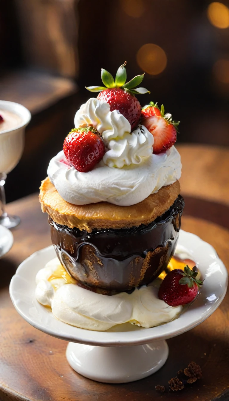 A warm golden light illuminates the rustic wooden table, where a charming dessert arrangement awaits. A succulent strawberry perches atop a dollop of whipped cream, as if delicately placed by a skilled pastry chef. In the foreground, a tantalizing smooth shaved cameltoe, perfectly piped with rich chocolate, draws the eye. The soft focus and shallow depth of field create a cozy atmosphere, inviting the viewer to indulge in the sweet treat.