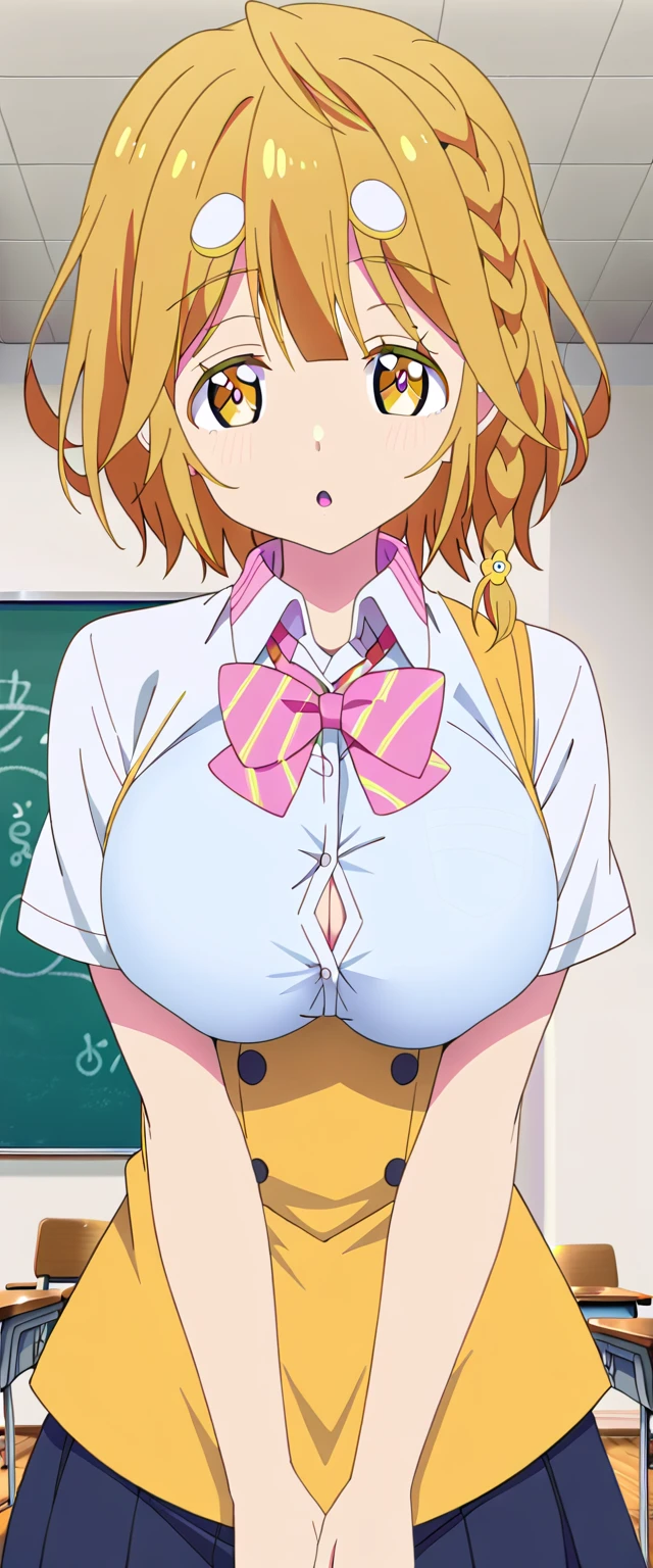 32k, chica estilo anime, cowboy shot, yoshino_koiwai, brown hair, yellow eyes, short hair, braid, side braid, single braid, bangs, big breast, tits, hair ornament, bow, bowtie, wearing a brown miniskirt with squares, blue yersey with a white shirt, with a red tie, in pose sesy in a classroom.