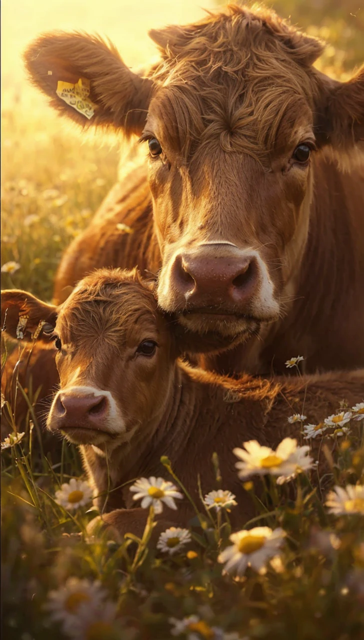 A cute cow and her calf, the baby laying in the grass with daisies, big eyes, warm sunlight, close-up portrait, detailed fur texture, digital painting, in the style of Artgerm, ultra realistic, cinematic lighting, intricate details, golden hour