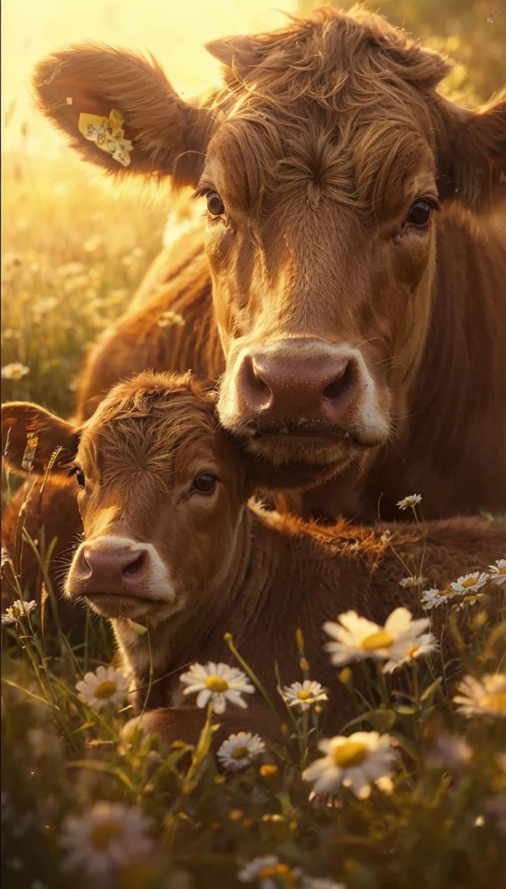 A cute cow and her calf, the baby laying in the grass with daisies, big eyes, warm sunlight, close-up portrait, detailed fur texture, digital painting, in the style of Artgerm, ultra realistic, cinematic lighting, intricate details, golden hour