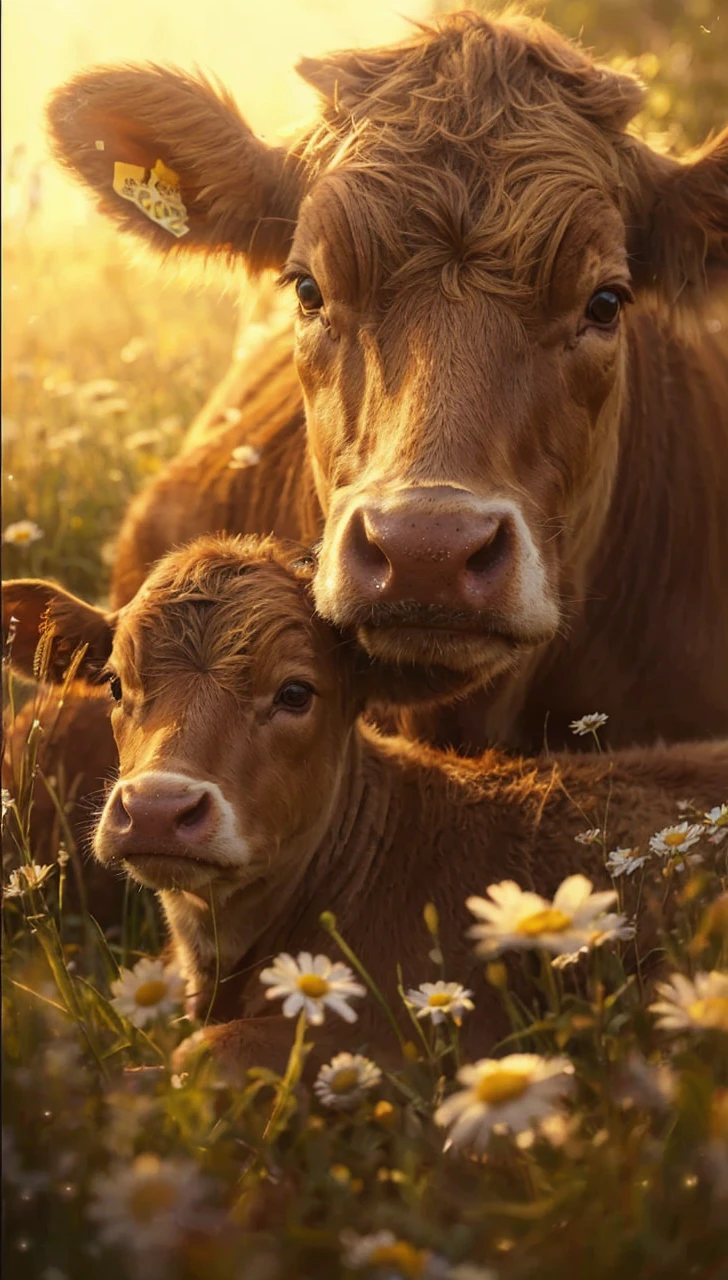 A cute cow and her calf, the baby laying in the grass with daisies, big eyes, warm sunlight, close-up portrait, detailed fur texture, digital painting, in the style of Artgerm, ultra realistic, cinematic lighting, intricate details, golden hour