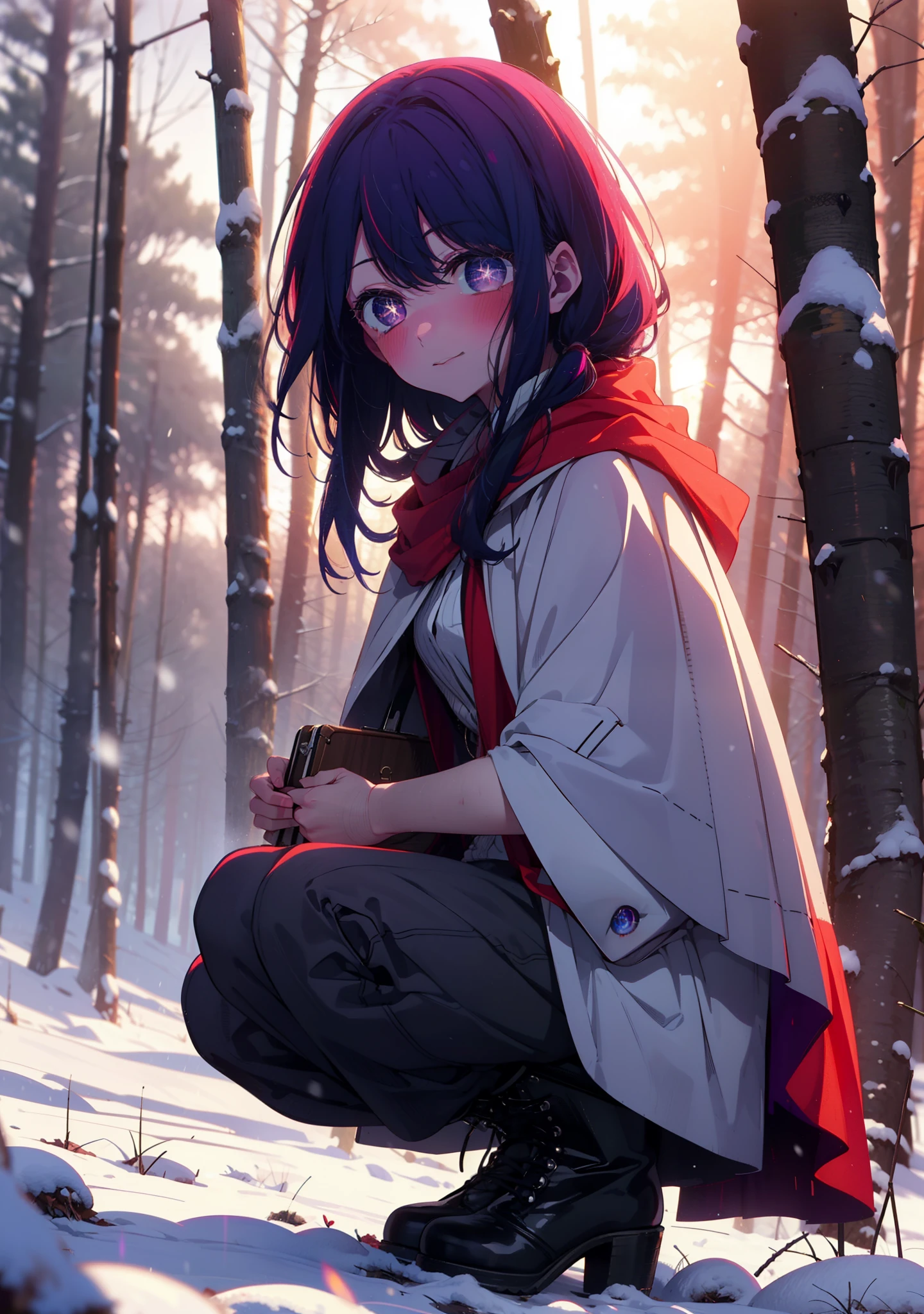 aihoshino, Ai Hoshino, Long Hair, bangs, (Purple eyes:1.1), Purple Hair, (Symbol-shaped pupil:1.5), smile,,smile,blush,white breath,
Open your mouth,snow,Ground bonfire, Outdoor, boots, snowing, From the side, wood, suitcase, Cape, Blurred, , forest, White handbag, nature, Squat, Mouth closed, Cape, winter, Written boundary depth, Black shoes, red Cape break looking at viewer, Upper Body, whole body, break Outdoor, forest, nature, break (masterpiece:1.2), Highest quality, High resolution, unity 8k wallpaper, (shape:0.8), (Beautiful and beautiful eyes:1.6), Highly detailed face, Perfect lighting, Extremely detailed CG, (Perfect hands, Perfect Anatomy),