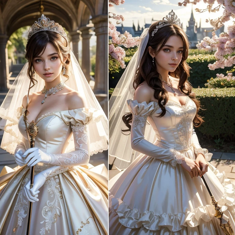 (masterpiece, best quality:1.5), highest quality, High resolution, super detailed, Realists, Upper body photo of a brunette young magical girl, detailed and beautiful eyes, beautiful detailed lips, very detailed eyes and face, longeyelashes, white satin wedding dress, Holding a magic wand in your hand, Cast a transformation spell, With her magic wand she turns a cat into a princess, Glowing wands available,Beautiful and colorful makeup, elegant and noble々The jewelry bag, Gardens as background, soft daylight, bright colors, fine brushstrokes, Portrait style, Silk dress fabric, beautiful color palette, glowing skin, First-class rendering, that captures every detail, enchanting atmosphere, subtle shadows and lights, (perfect anatomy:1.2), (The stunning magical girl in a wedding dress turns a cat into a princess, (a transformation with the magic wand:1.4), (magnificent panorama view:1.2)
