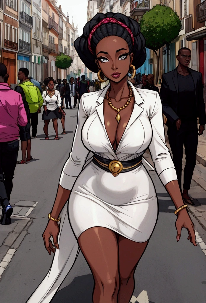 une femme noir africaine sexy aux cheveux longs debout dans une rue pointe son index droit face a la camera