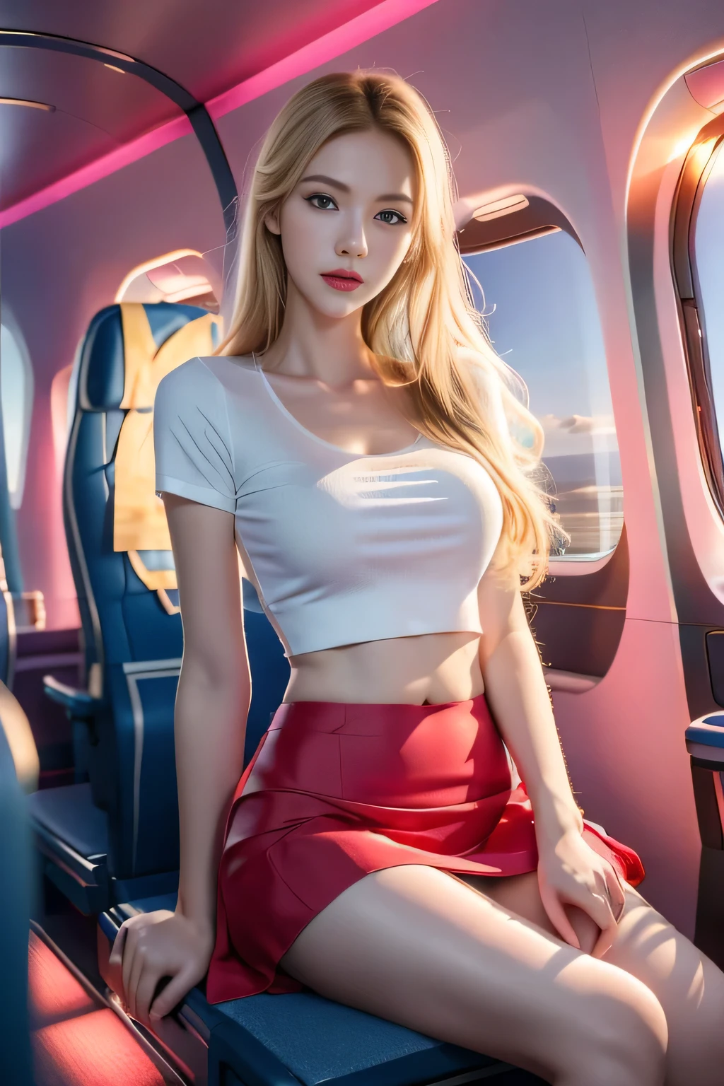 (8K, RAW photos, best quality, proficient:1.2), (Practical, Photo-real:1.2), (Ultra-high resolution), (Extremely detailed), , 1 Girl, Long blond hair，Blue pupils，Pretty Face, Symmetrical eyes, Taiwan **** 5, Perfect body proportions,Mid-chest，（Pink Stewardess，Lace skirt：1.2），navel open，Tight Fit，badge，Thin legs，sit，Delicate skin，Looking at the audience，（Aircraft interior：1.2），motion capture，Front view