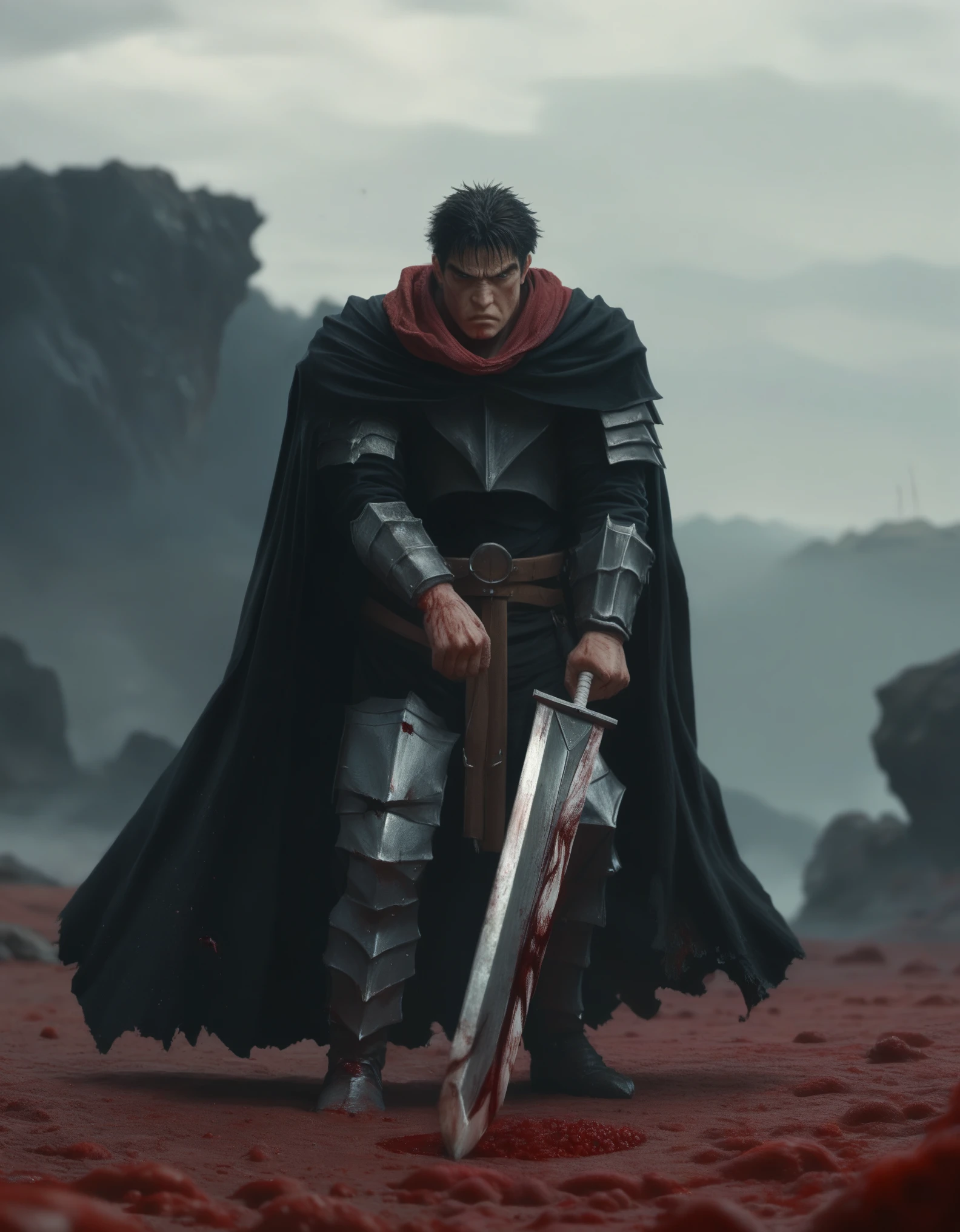 Dark fantasy-style illustration featuring Guts, also known as the Black Swordsman, with a stern expression, standing in a battle-ready pose. The character has short, dark hair and a rugged face with a determined look, reminiscent of Kentaro Miura's iconic style. He is dressed in black armor with red accents and a flowing black cape. The warrior wields a large, blood-stained Dragon Slayer sword, and the ground around him is littered with defeated, grotesque creatures, emphasizing a recent battle. The background is a dark, eerie landscape with jagged rock formations and a blood-red ground. At the bottom of the image, there is a signature in a stylized red font that reads 'ArtVision1999'. anime, anatomically correct, super detail, high quality, 4K