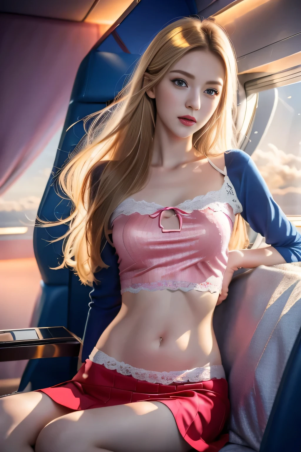 (8K, RAW photos, best quality, proficient:1.2), (Practical, Photo-real:1.2), (Ultra-high resolution), (Extremely detailed), , 1 Girl, Long blond hair，Blue pupils，Pretty Face, Symmetrical eyes, Taiwan baby 5, Perfect body proportions,Mid-chest，（Pink Stewardess，Lace skirt：1.2），navel open，Tight Fit，badge，Thin legs，sit，Delicate skin，Looking at the audience，（Aircraft interior：1.2），motion capture，Front view