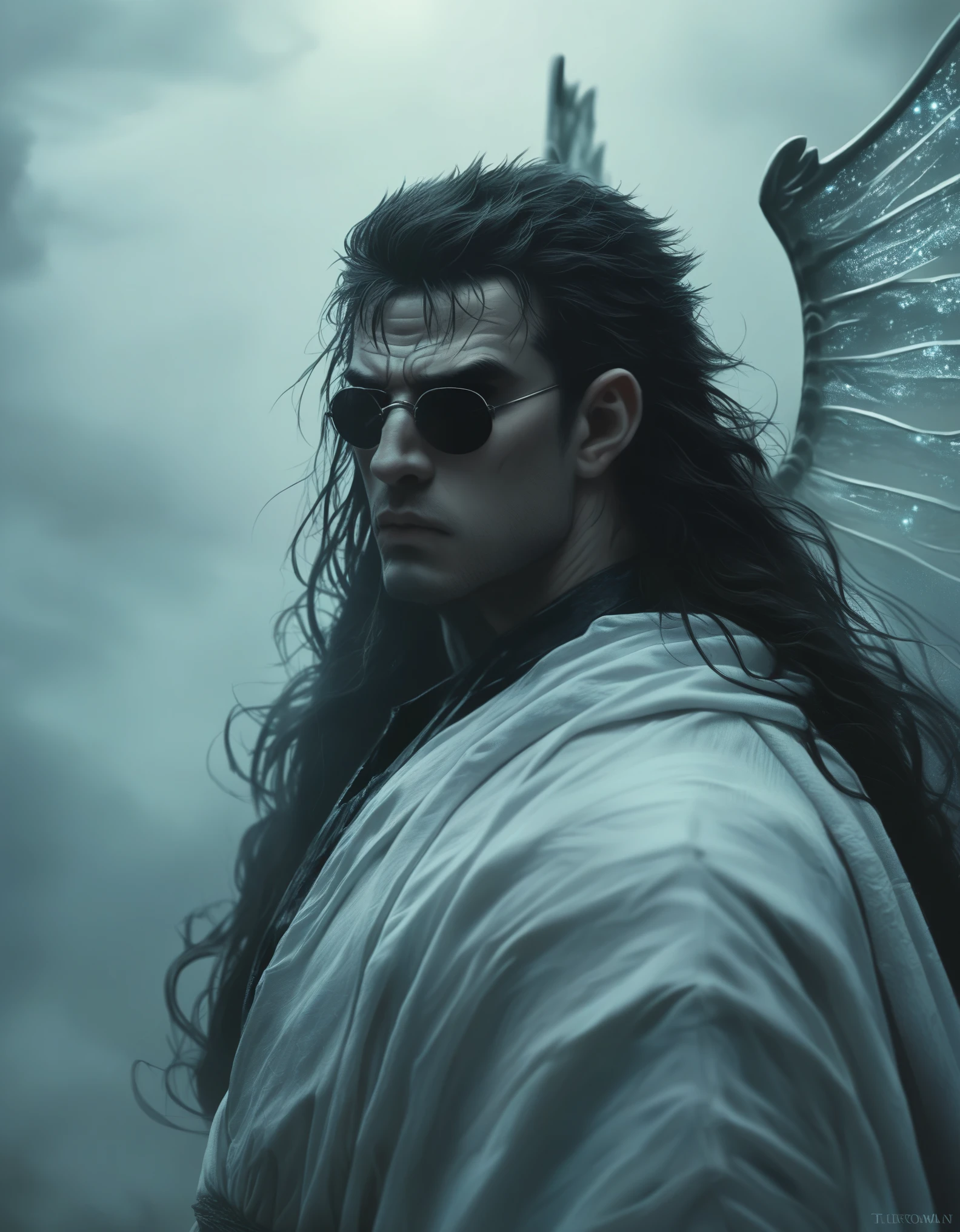 Fantasy-style illustration featuring a dramatic and intense scene. The layout is vertical, with a large, ethereal figure on the right side, draped in flowing white robes and possessing large, detailed wings. The figure has a serene, almost sorrowful expression, with pale skin and long, flowing hair. On the left side, Guts, the Black Swordsman, its massive blade glowing with a faint blue light. His face is partially obscured by his helmet, revealing a determined expression. The background is filled with swirling red mist and indistinct forms, adding to the chaotic and otherworldly atmosphere. The overall color palette is dominated by shades of red and white, creating a stark contrast between the two figures. At the bottom center, a circular logo bears the text 'Artvision1999' in a gothic font, subtly blending into the ominous environment.