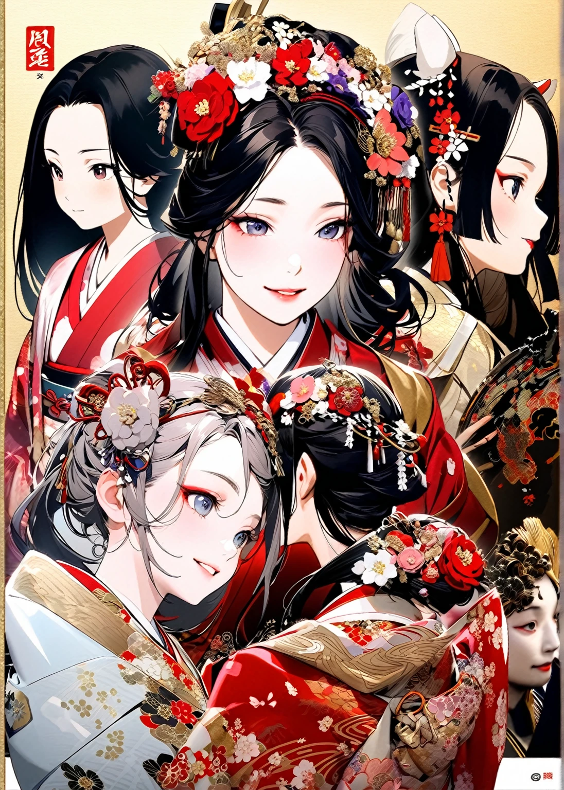 A 12-year-old princess wearing a red kimono and a flower crown, Traditional Japanese, traditional geisha clothing, Japanese women, Wearing Imperial Kimono, japanese geisha, geisha photo portrait, female geisha girl, elegant Japanese women, Japanese Kimono, In kimono, Traditional beauty, Wearing kimono and armor, portrait of geisha, wearing a haori, geisha　She gets an old man&#39;s dick shoved in her pussy