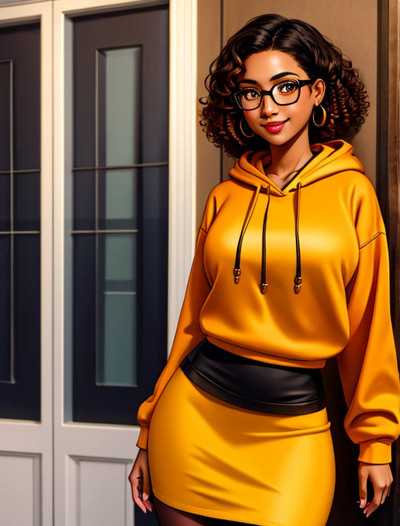 (masterpiece,best quality,absurdres,beautiful,aesthetic,detailed), (Detailed face:1.2), (Detailed eyes:1.2), 1girl, solo, 20 year old college student, she has tan-bronze skin with some freckles, short curly black hair with orange highlights, amber colored eyes, (she's wearing a yellow hoodie, black pencil skirt, glasses), (Character Focus),Perfect Anatomy, Looking at Viewer, smiling, carefree expression
