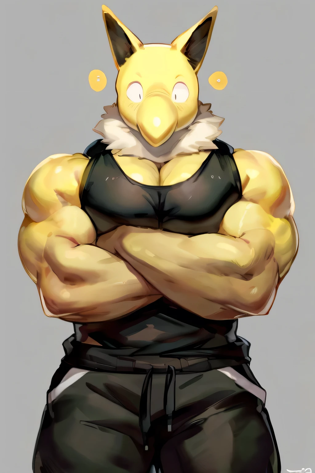 Furry, Anthro, solo, Hypno, Male, (((muscular body, massive thighs, massive male pectorals, fluffy neck, yellow skin, wearing black tanktop, wearing black sweatpants, crossed arms))), ((((massive biceps)))), ((((((massive bulky torso, wide-eyed, head tilted, facing viewer)))))), naked, black/yellow spraypainted background, by buta99, by zackary911, by bebebebebe, (((digital painting)))