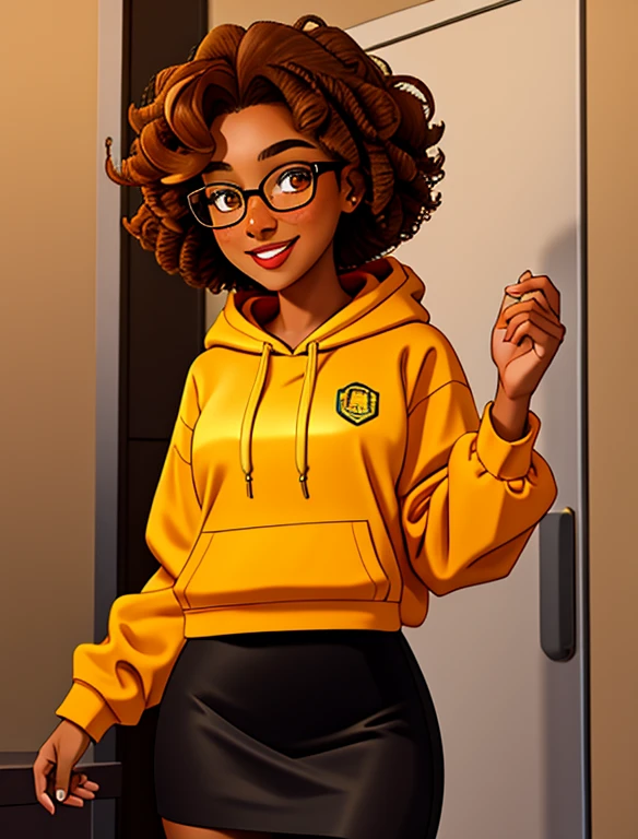 (masterpiece,best quality,absurdres,beautiful,aesthetic,detailed), (Detailed face:1.2), (Detailed eyes:1.2), 1girl, solo, 20 year old college student, she has tan-bronze skin with some freckles, short curly black hair with orange highlights, amber colored eyes, (she's wearing a yellow hoodie, black pencil skirt, glasses), (Character Focus),Perfect Anatomy, Looking at Viewer, smiling, carefree expression