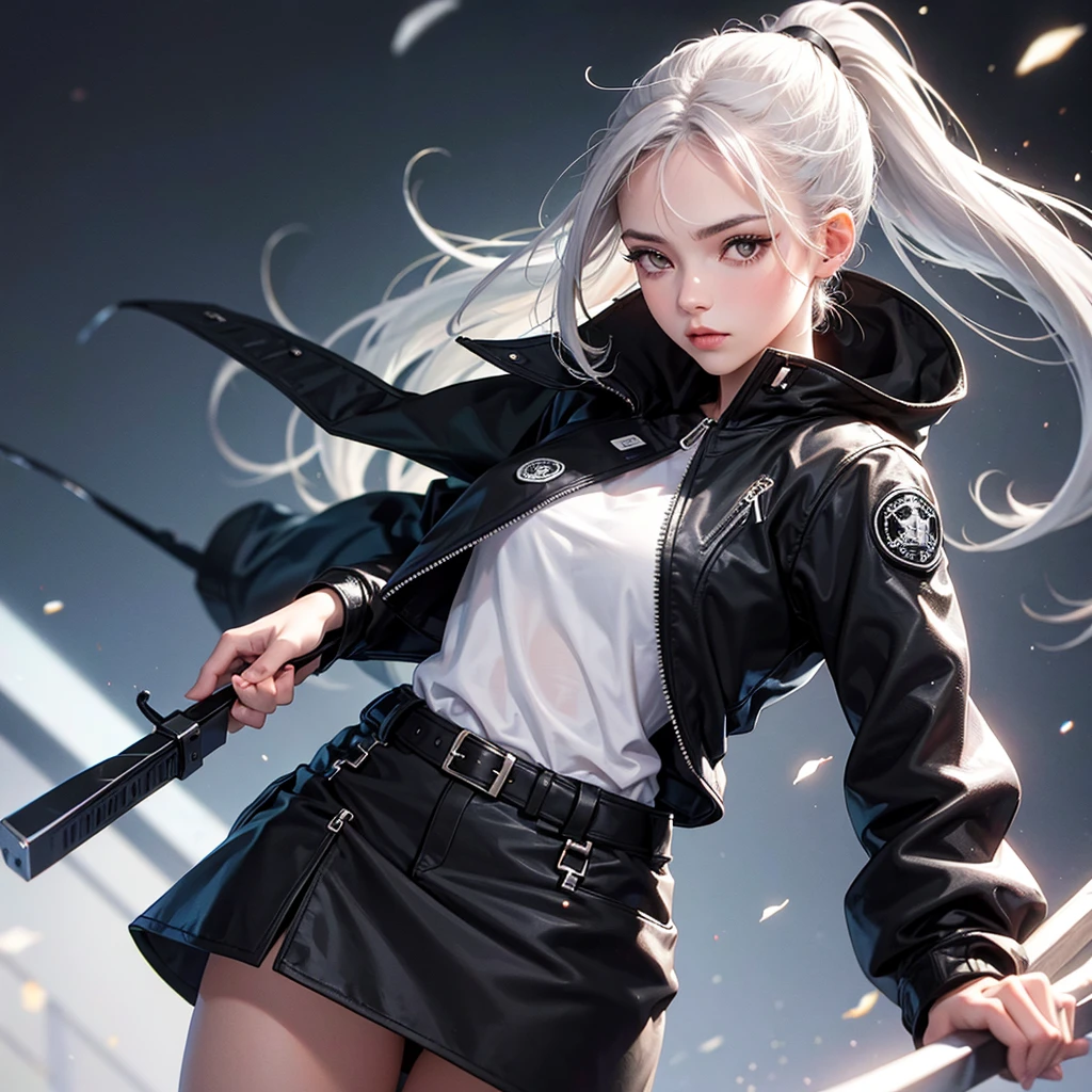 Girl, ponytail brow hair. Silver eyes. Luz do sol ao amanhecer. Black jacket.