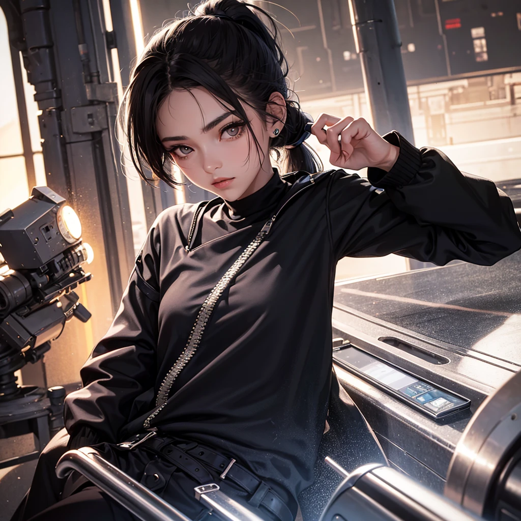 Girl, ponytail brow hair. Silver eyes. Luz do sol ao amanhecer. Black jacket.