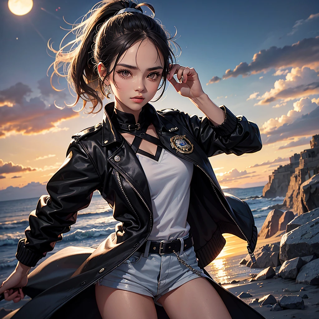 Girl, ponytail brow hair. Silver eyes. Luz do sol ao amanhecer. Black jacket.