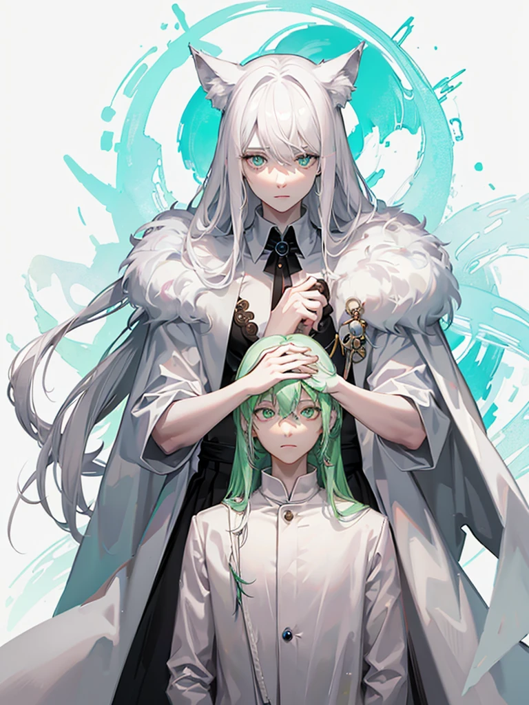A psychologist with a white coat and wolf ears, beautiful, albino, tall, 28 years old, with his two twin sisters with emerald green eyes.