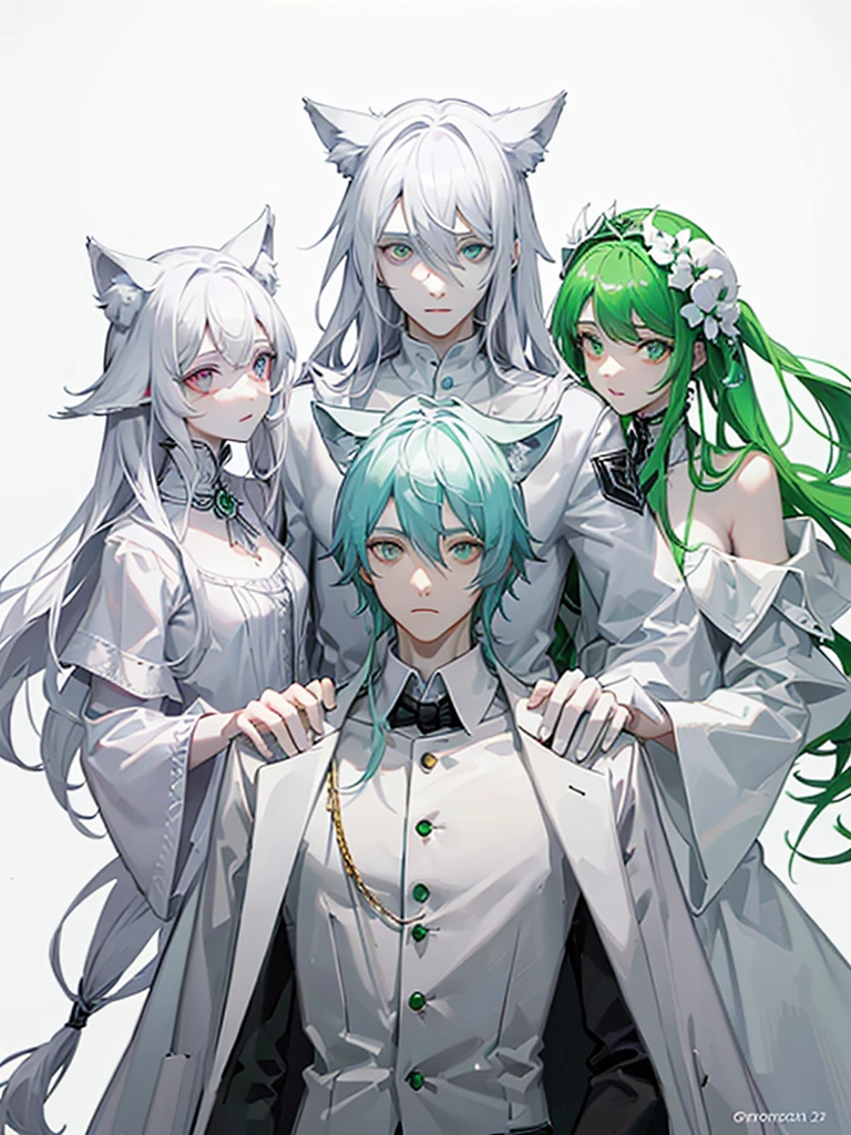 A psychologist with a white coat and wolf ears, beautiful, albino, tall, 28 years old, with his two twin sisters with emerald green eyes.