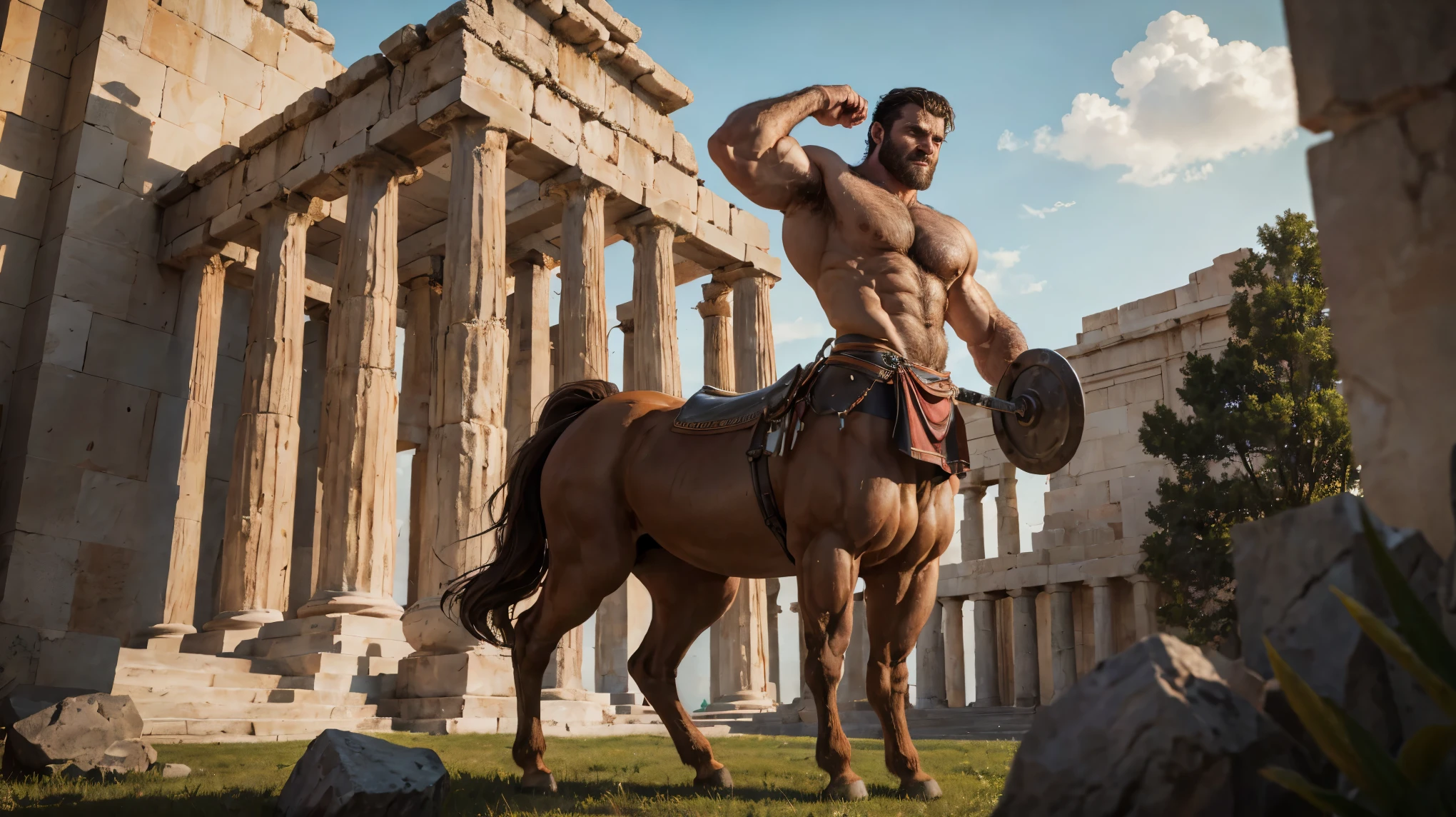 Very detailed, full color, full body photograph of a centaur..:1.2, standing, high, long brown hair, gauntlets, showing chest, ((hairy chest+)) raising a victorious arm, detailed muscular physique, Realistic representation, 4k resolution. below: greek temple, 32k UHD, Best Quality, masterpiece.