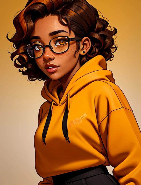 (masterpiece,best quality,absurdres,beautiful,aesthetic,detailed), (Detailed face:1.2), (Detailed eyes:1.2), 1girl, solo, 20 year old college student, she has tan-bronze skin with some freckles, short curly black hair with orange highlights, amber colored eyes, (she's wearing a yellow hoodie, black pencil skirt, glasses)
