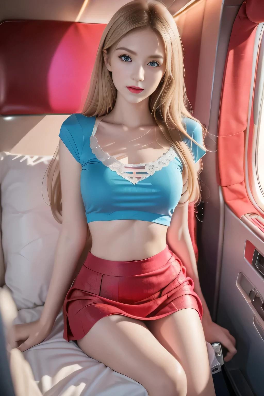 (8K, RAW photos, best quality, proficient:1.2), (Practical, Photo-real:1.2), (Ultra-high resolution), (Extremely detailed), , 1 Girl, Long blond hair，Blue pupils，Pretty Face, Symmetrical eyes, Taiwan  5, Perfect body proportions,Mid-chest，（Pink Stewardess，Lace skirt：1.2），navel open，Tight Fit，badge，Thin legs，sit，Delicate skin，Looking at the audience，（Aircraft interior：1.2），motion capture，Front view