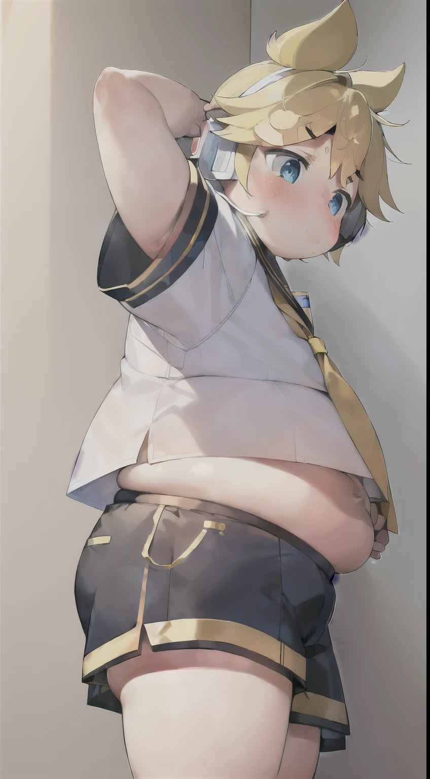 (masterpiece, best quality:1.2)one boy, Only_Kagamine, (over small sailor uniform), short pants, earphones, tie, Short sleeve, (chubby arms), (fat), (plump thigh), (fat rolls), (large belly exposed), (rosy chubby cheek), (blushed), character focus, scratching his belly, feeling satisfied