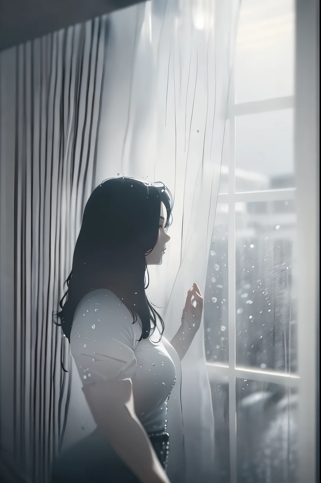 masterpiece, best quality, highres, black and white picture, Concentrated heavy rain、it's heavy raining, it's heavy raining, blurred foreground, blurred background, drops of rain in the air, torrential rain, thunder rainstorm、Metropolis、[[Woman looking out of the window, [with melancholy, melancholy look.]]], The woman is wearing a long tight polka dot dress, her hand moves tend away