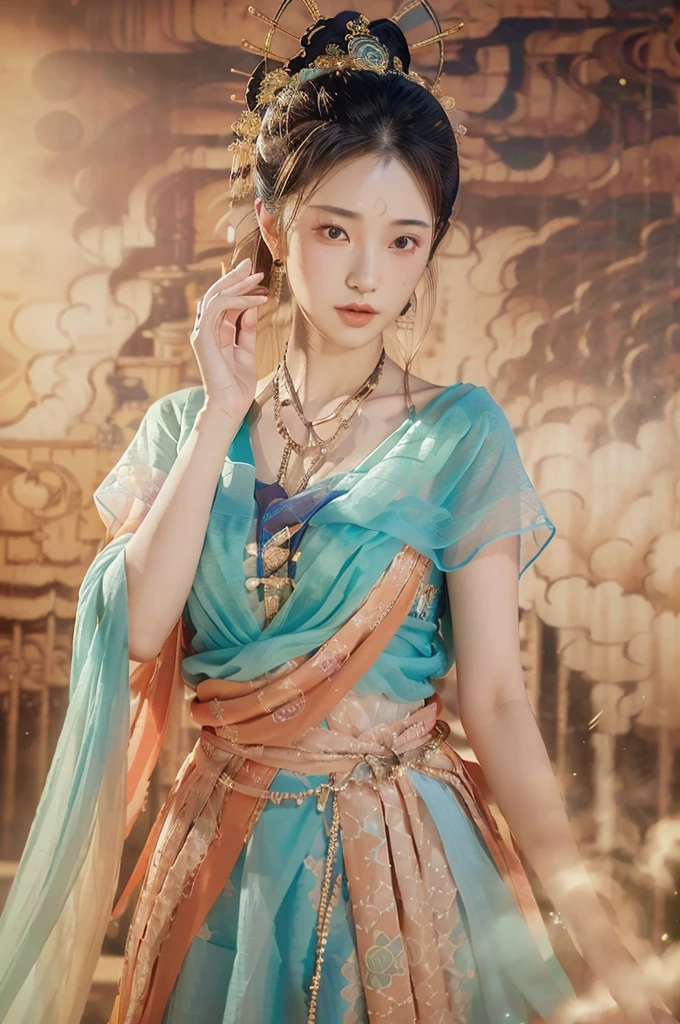 (8k, RAW photo, best quality, masterpiece:1.2), (realistic, photo-realistic:1.4), (extremely detailed CG unity 8k wallpaper), 1 girl solo, beautiful face, dunhuang_dress, dunhuang_background,เห็นหัวนม