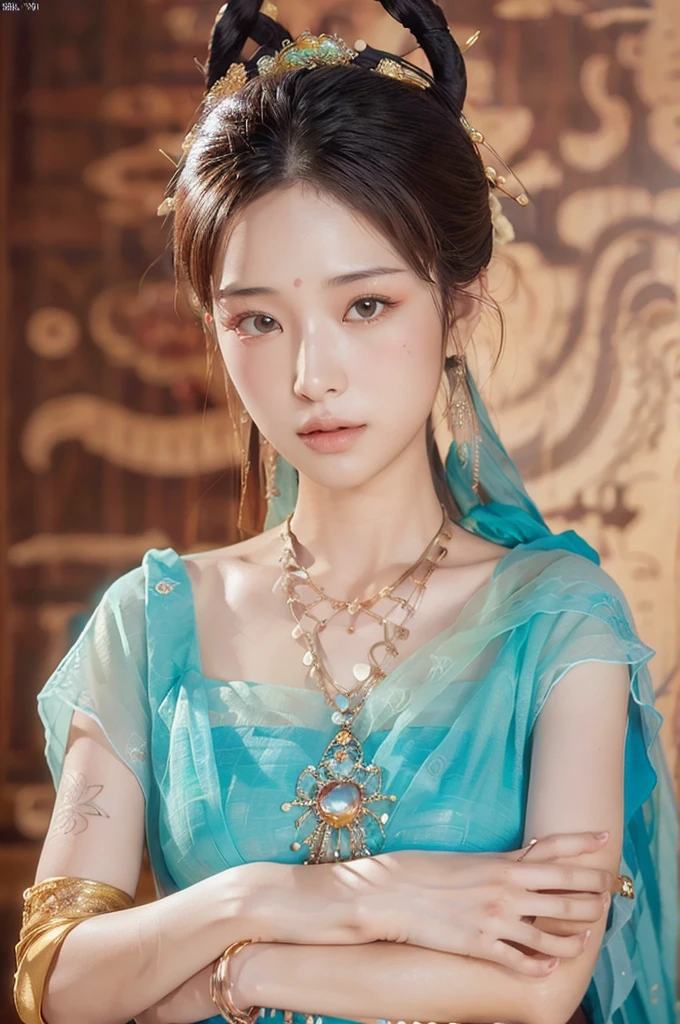 (8k, RAW photo, best quality, masterpiece:1.2), (realistic, photo-realistic:1.4), (extremely detailed CG unity 8k wallpaper), 1 girl solo, beautiful face, dunhuang_dress, dunhuang_background,เห็นหัวนม