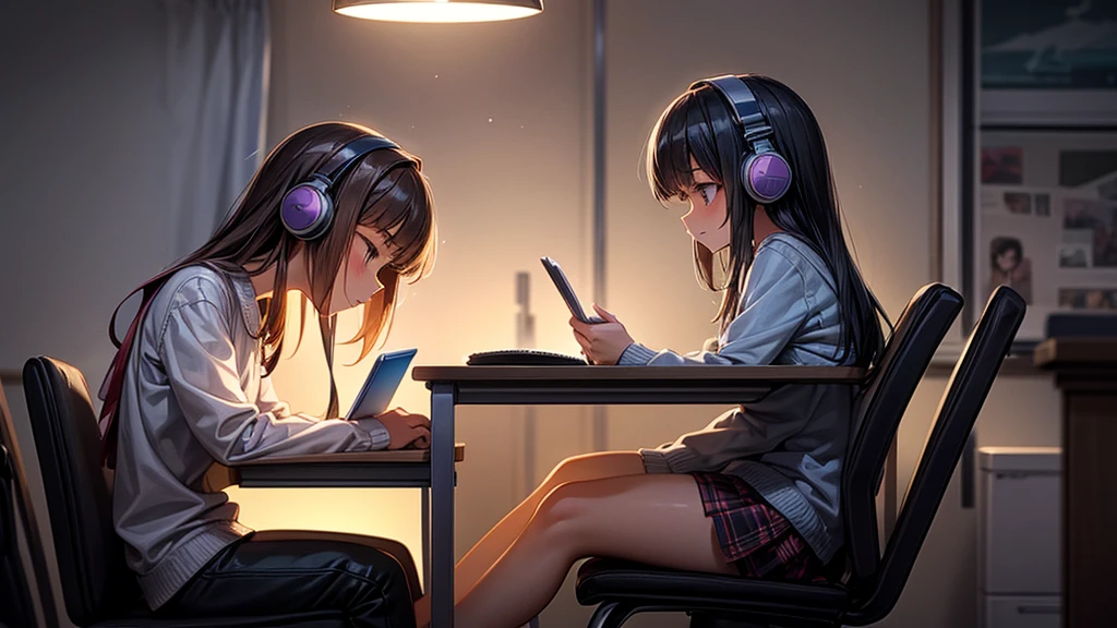 A girl sitting in front of her laptop studying, with headphones, in her room, quiet night atmosphere, it is important that only one girl in profile appears sitting