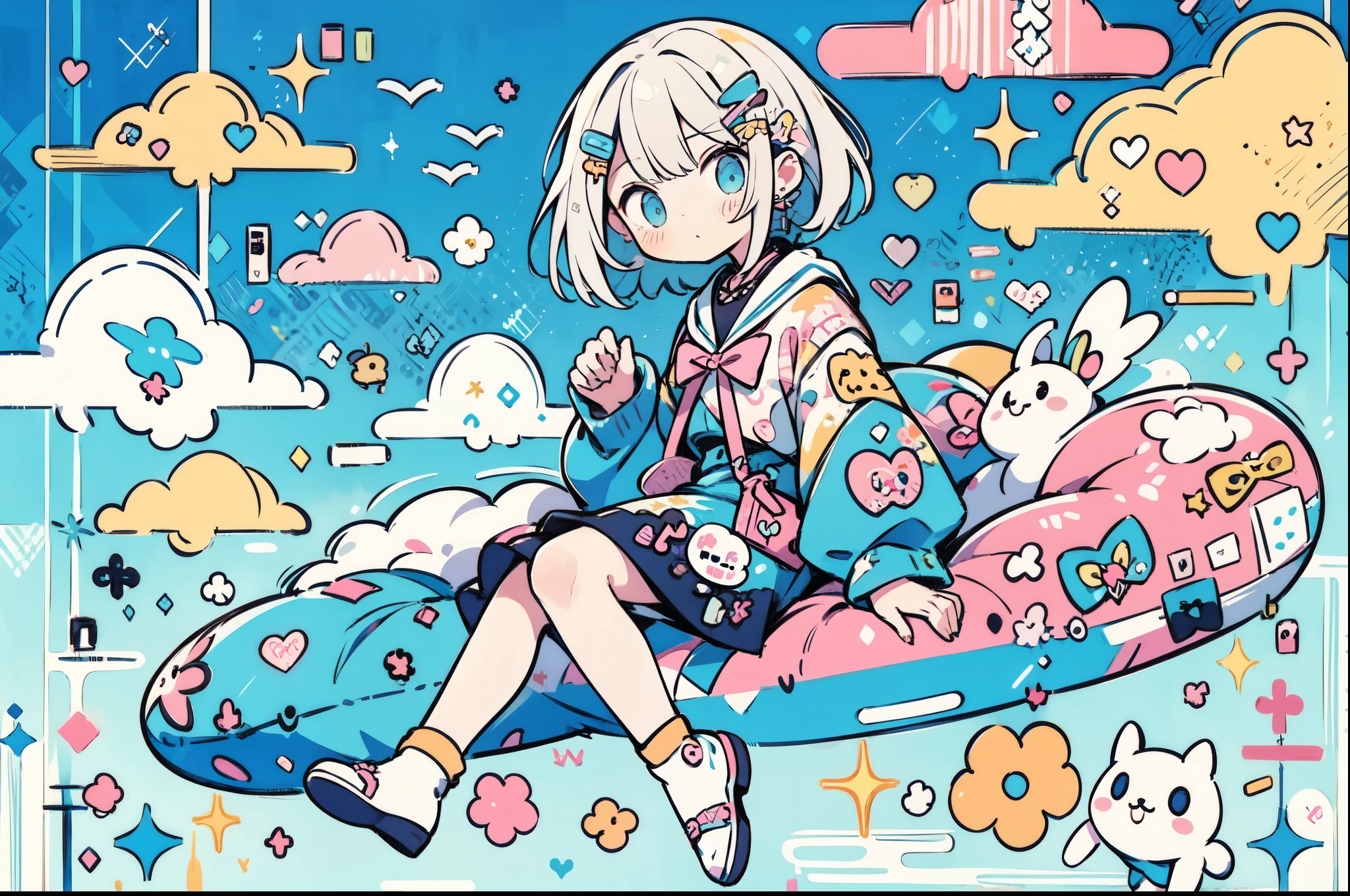 "kawaii, Cute, ((full body Esbian、Float on your side)), Adorable girl in pink, yellow, and baby blue color scheme. She wears sky-themed clothing with clouds and sky motifs. Her outfit is fluffy and soft, With decora accessories like hair clips. She embodies a vibrant and trendy Harajuku fashion style."[[[The body peels in a strange direction]]]